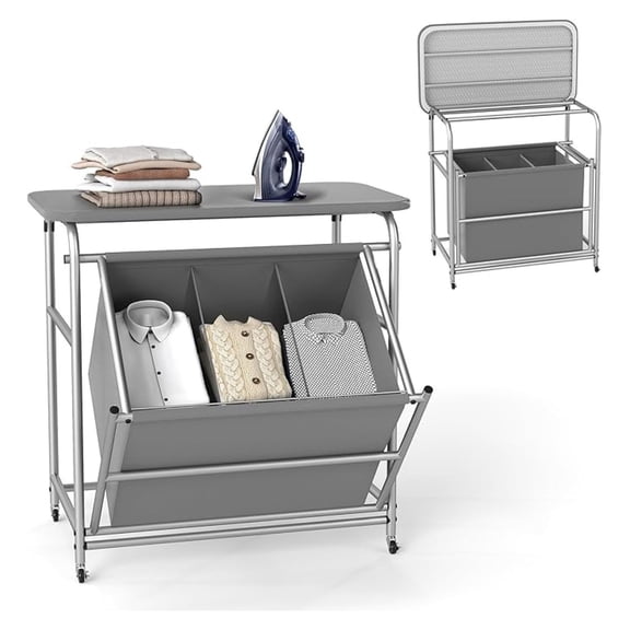 Laundry Hamper with Ironing Board, 3 Section Tilt Out Laundry Cart with 3 Separated Removable Bags, Lockable Wheels, Heavy-Duty Laundry Sorter Clothes Basket Organizer for Bedroom, Bathroom