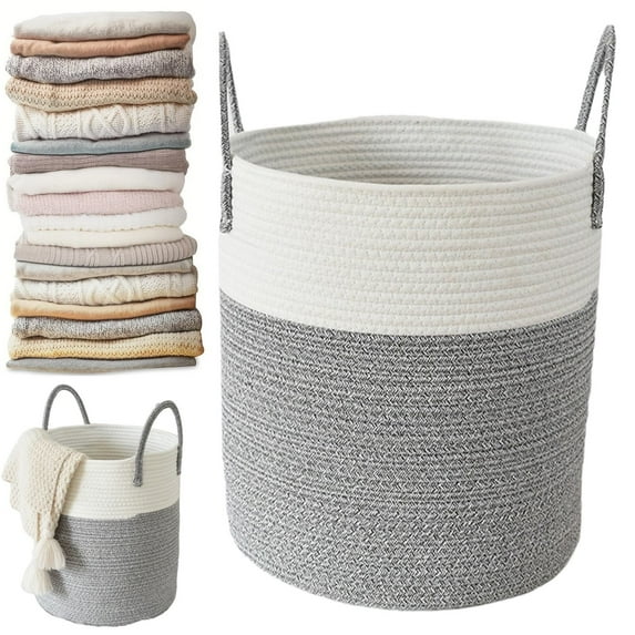 Laundry Hamper Large Woven Cotton Rope Laundry Basket,Decorative Tall Storage for Blankets/Toys/Clothes (For Living Room/Bathroom/Bedroom ) Apeya