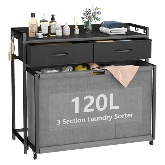 Laundry Hamper Laundry Basket with 3 Section Pull-Out Rolling Bags, Laundry Sorter for Organization and Storage with 2 Pull-Out Drawers for Laundry Room, Bathroom, Bedroom Use (Black)