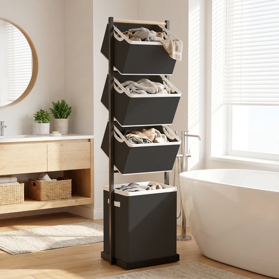 Laundry Hamper, Laundry Basket, 4 Tier Laundry Sorter, Metal Stackable Laundry Basket Organizer with Removable Basket and Removable Bags, 59"x12.6"x15.7" Clothes Organizer Basket, Black