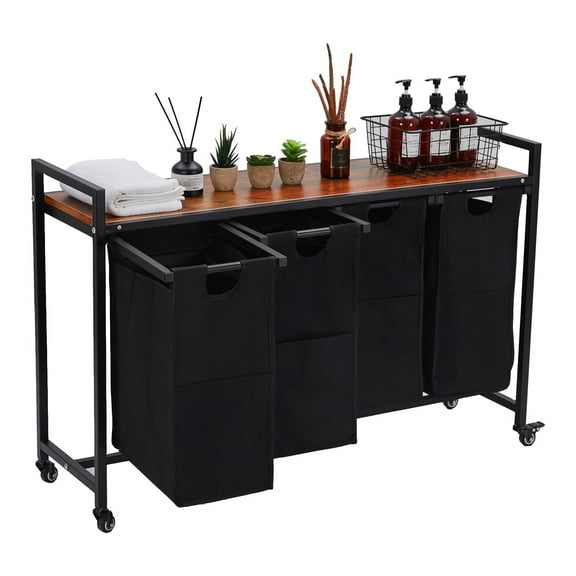 Laundry Hamper, Laundry Basket with 4 x 11.5 Gal Pull-Out and Removable Bags, Shelf, Metal Frame, Laundry Room Organizer with Shelves for Laundry Room, Bathroom, Dorm