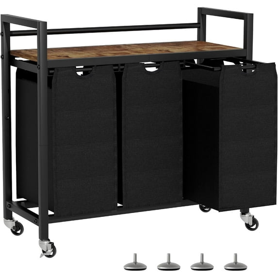 Laundry Hamper, Laundry Basket, Laundry Sorter with 3 Removable Bags, Clothes Basket with 3 Compartments, Wheels, Shelf for Laundry Room Bathroom Bedroom (3 Bags-Black)
