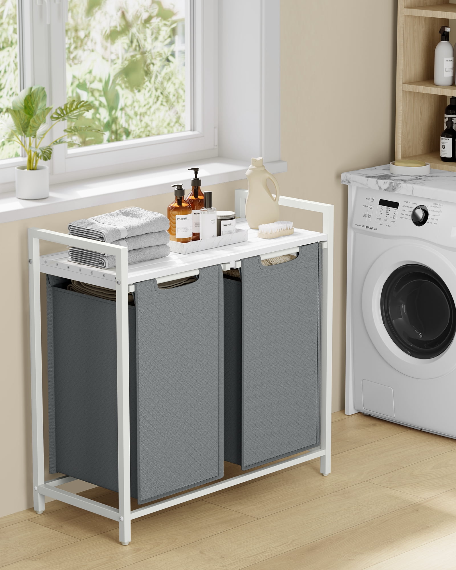 Laundry Hamper, Laundry Basket, Laundry Sorter with 2 Pull-Out and Removable Bags, Shelf, Metal Frame, 2 x 12.1 Gallons