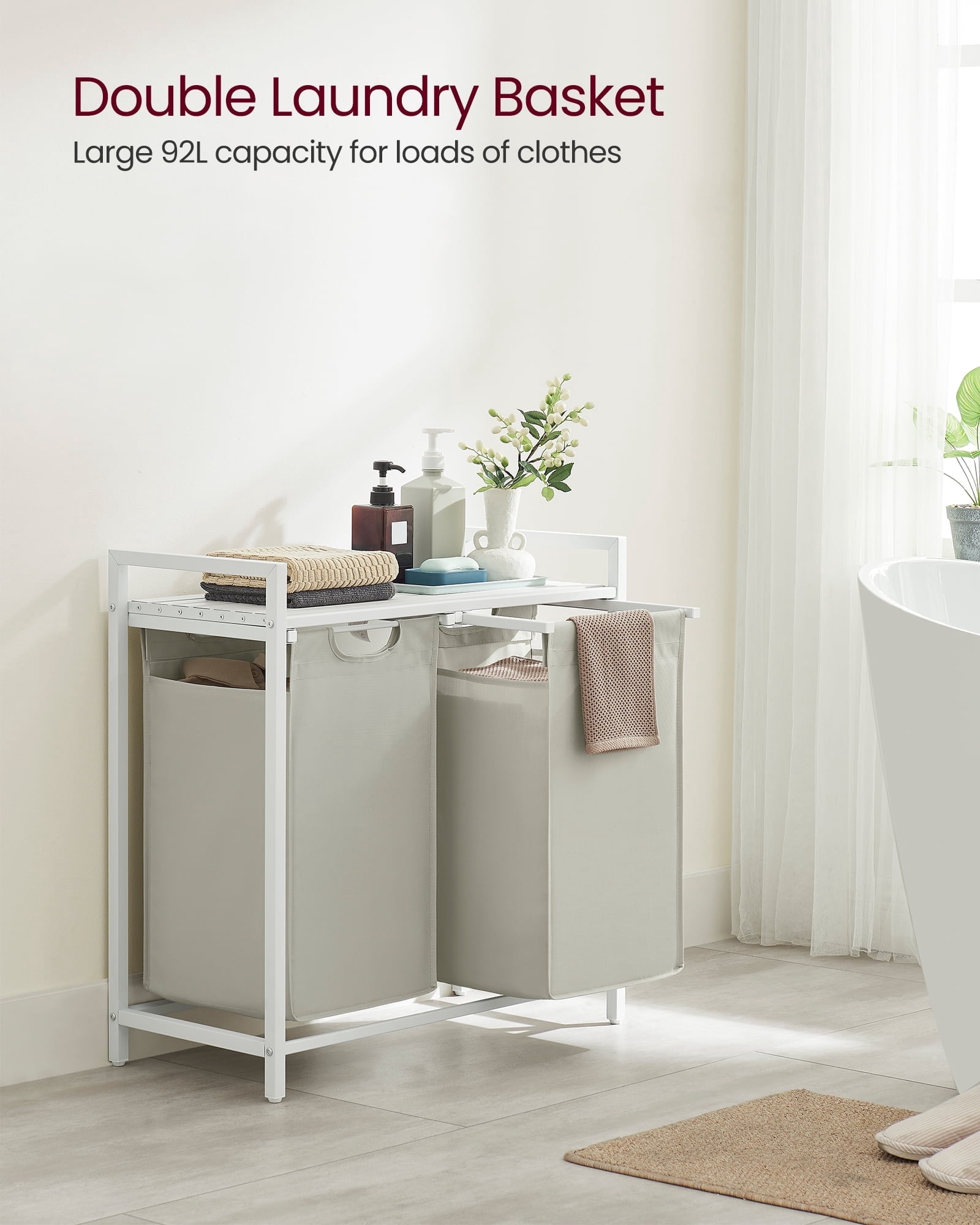 VASAGLE Laundry Hamper, Laundry Basket, Laundry Sorter with 2 Pull-Out and Removable Bags, Shelf, Metal Frame, 2 x 12.1 Gallons