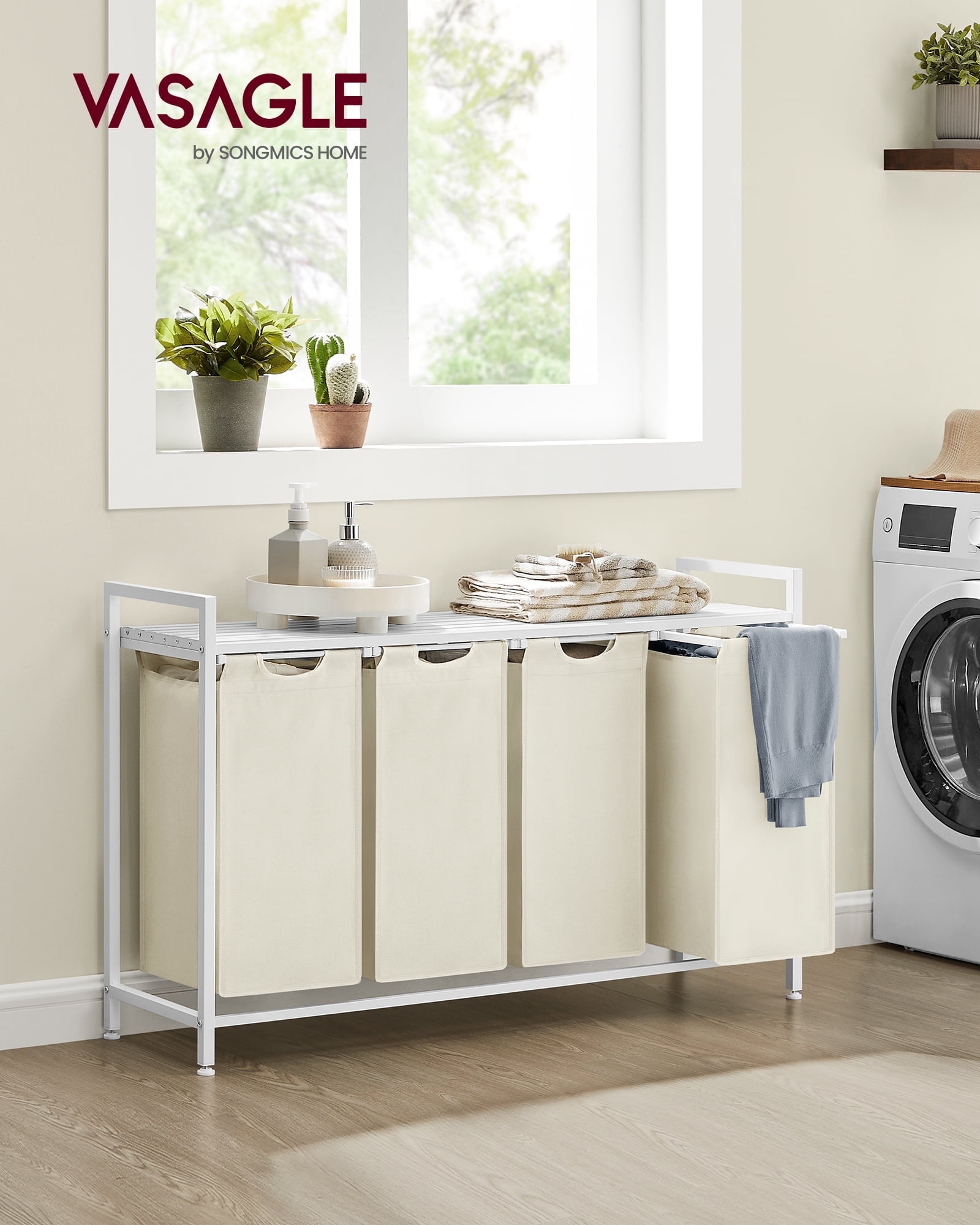 Laundry Hamper Laundry Basket Laundry Sorter with 4 Pull-Out and Removable Bags Shelf 4 x 10.6 Gallons White