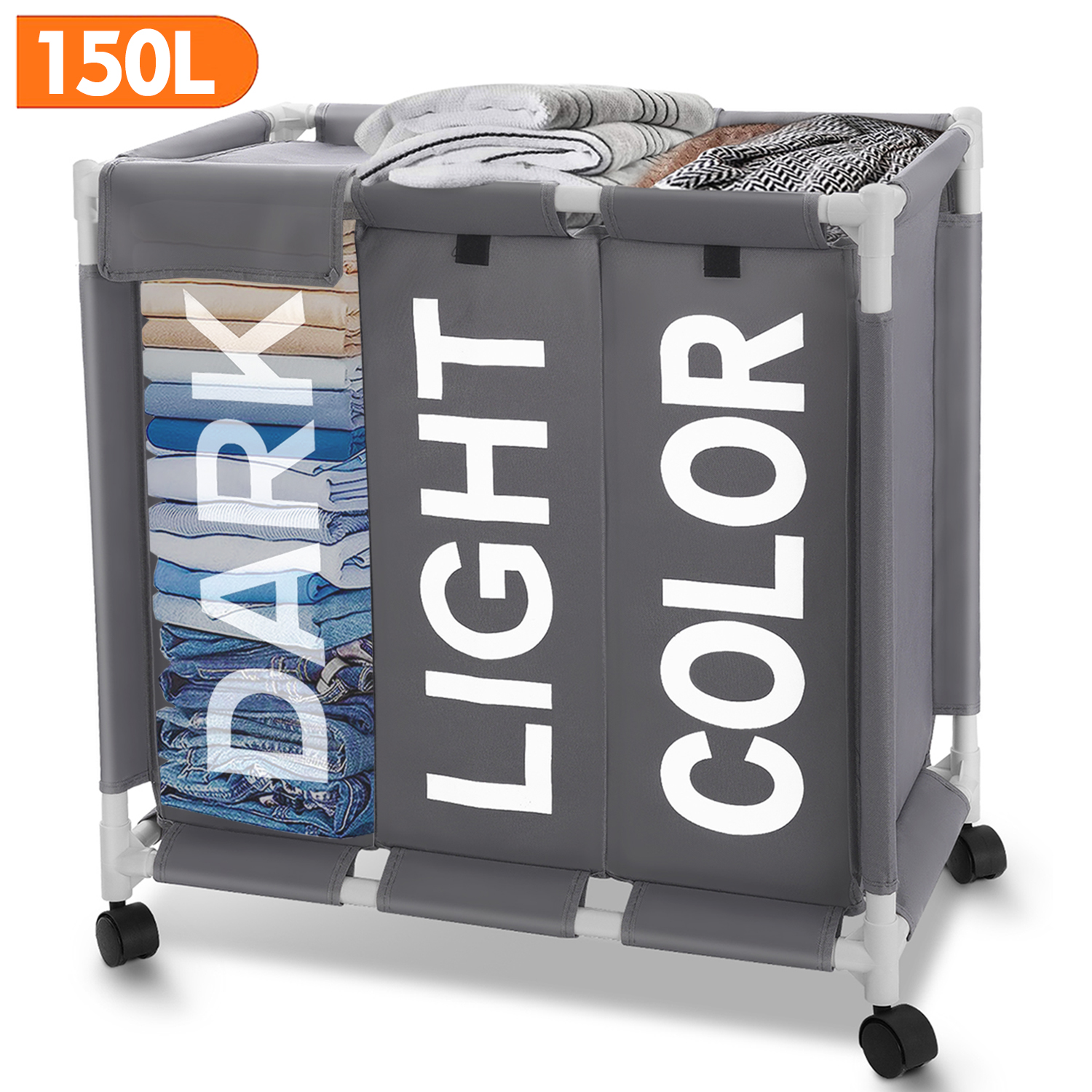 Homz Triple Laundry Sorter with Durable Frame and Casters/Wheels