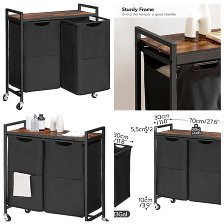Laundry Hamper, Laundry Sorter 2 Section, 2 × 13 Gal (49.5L), Laundry Basket with Wheels, Rolling Cart, Pull-Out and Removable Oxford Fabric Bags, Rustic Brown and Black