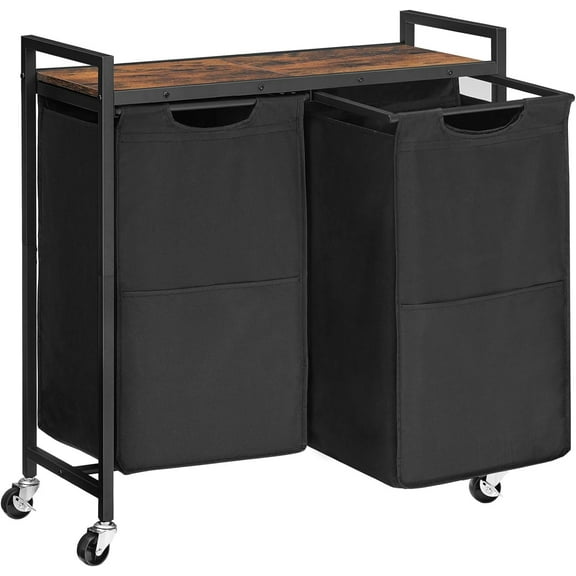 MY Laundry Hamper, Laundry Sorter 2 Section, 2 × 13 Gal (49.5L), Laundry Basket with Wheels, Rolling Cart, Pull-Out and Removable Oxford Fabric Bags, Rustic Brown and Black