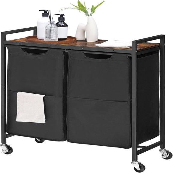 Laundry Hamper, Laundry Sorter 2 Section, 2 13 Gal (49.5L), Laundry Basket with Wheels, Rolling Cart, Pull-Out and Removable Oxford Fabric Bags, Rustic Brown and Black