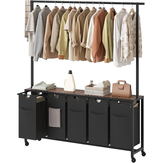 Laundry Hamper, Laundry Sorter 5 Section, Rolling Laundry Basket, Laundry Sorter with Hanging Bar, Hampers for Laundry, Laundry Basket Organizer for Laundry Room, Rustic Brown LS57BR