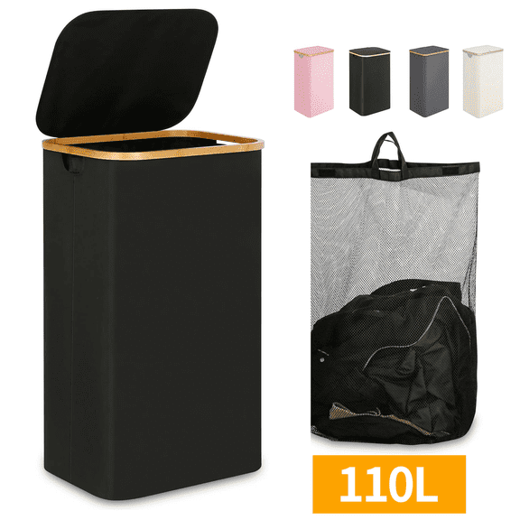Sortora Laundry Hamper with Lid, 110L Large Laundry Basket with Removable Bag, Collapsible Tall Laundry Bin, Dirty Clothes Hamper for Laundry Room, Bathroom, Bedroom, Dorm, Black