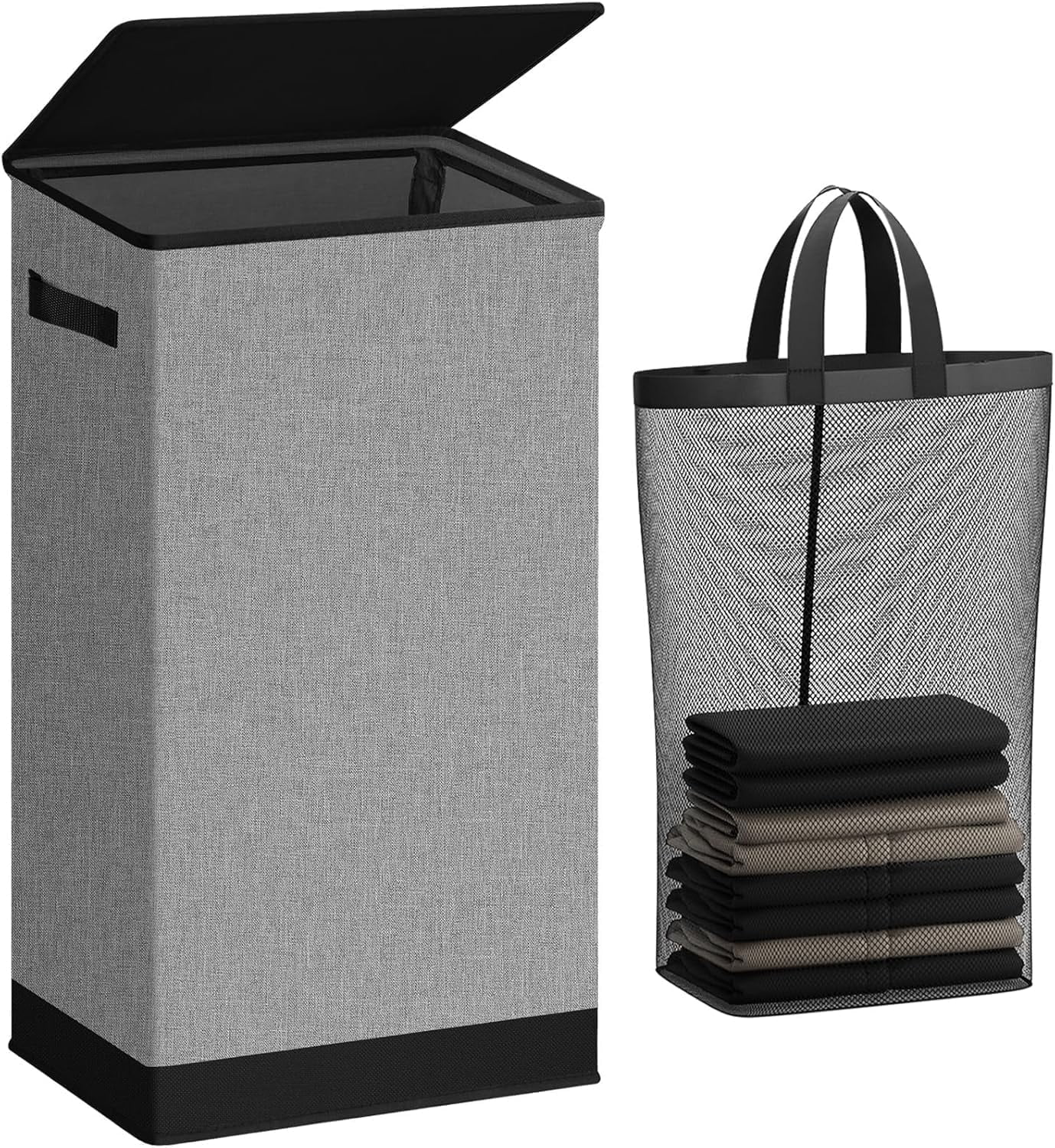 FILWH Large Bamboo Laundry Hamper With Lid & Removable Bag - 85L Capacity, 16.9x13x26.5 Inches (Black)