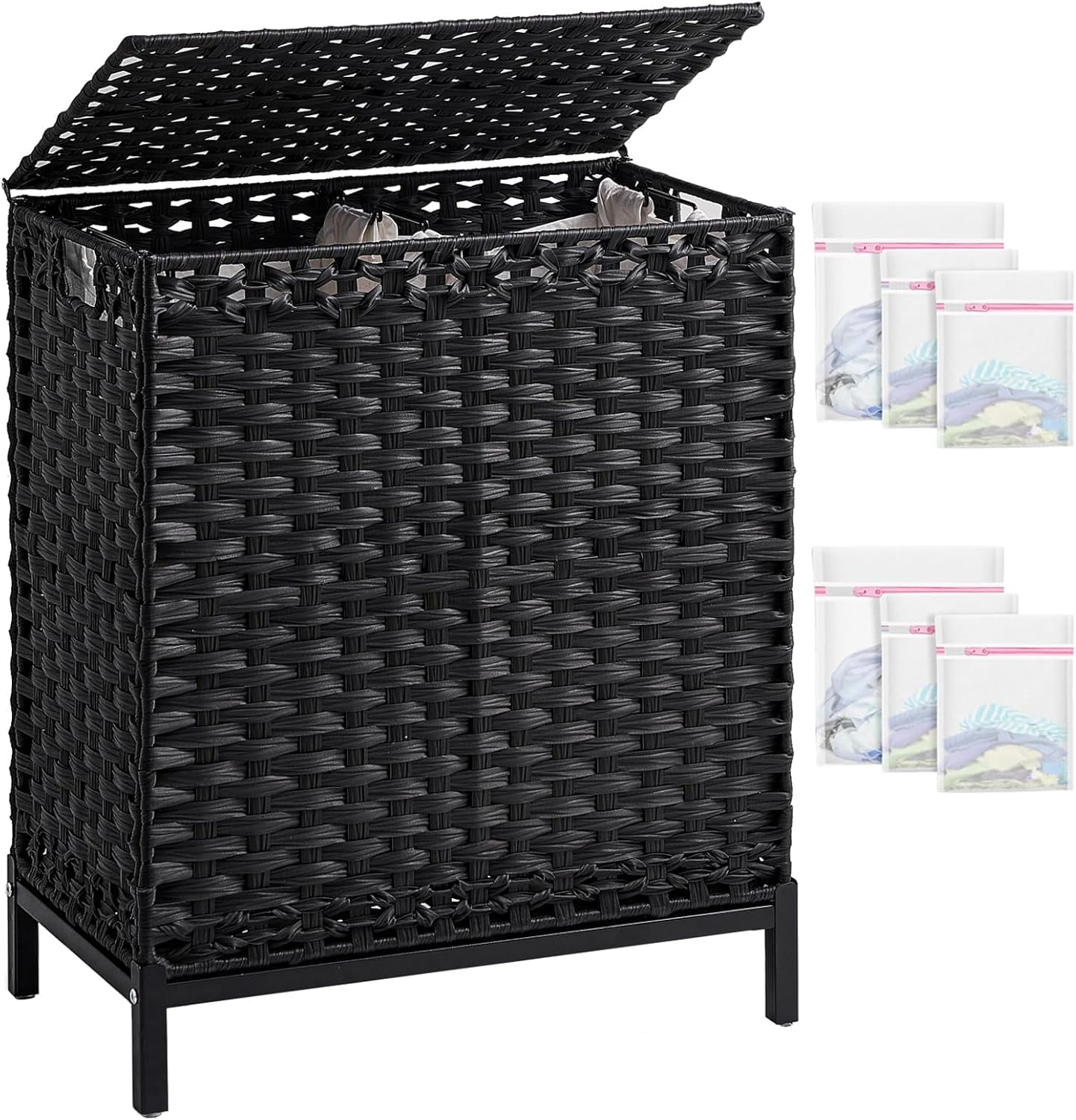 Laundry Hamper with Lid, 112 L Handwoven Rattan Wicker Laundry Basket, 2 Removable Liner Bags Metal Heightened Feet, 6 Mesh Bags, 2 Section Large Clothes Hamper for Bathroom Bedroom, Black