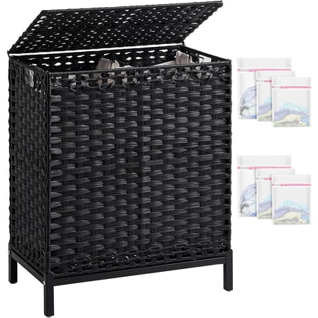 Laundry Hamper with Lid, 112 L Handwoven Rattan Wicker Laundry Basket, 2 Removable Liner Bags Metal Heightened Feet, 6 Mesh Bags, 2 Section Large Clothes Hamper for Bathroom Bedroom, Black