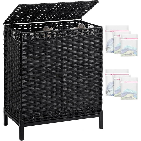 Laundry Hamper with Lid, 112 L Handwoven Rattan Wicker Laundry Basket, 2 Removable Liner Bags Metal Heightened Feet, 6 Mesh Bags, 2 Section Large Clothes Hamper for Bathroom Bedroom, Black