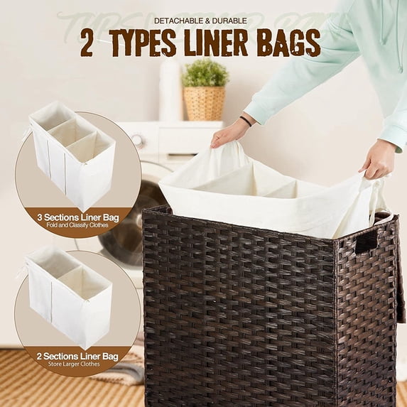Laundry Hamper with Lid, 125L Large 3 Sections Clothes Hamper with 2 Removable Liner Bags & 5 Mesh Laundry Bags, Handwoven Synthetic Rattan Divided Laundry Basket Brown
