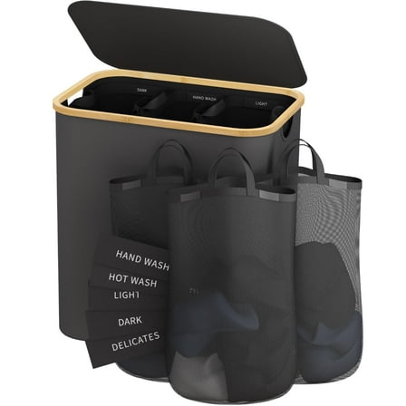 Bathola Laundry Hamper with Lid, 160L Dirty Clothes Hamper for Laundry Basket 3 Section, Extra Large Laundry Sorter Hamper 3 Compartment with Removable Inner Bags & Labels, Dark Grey