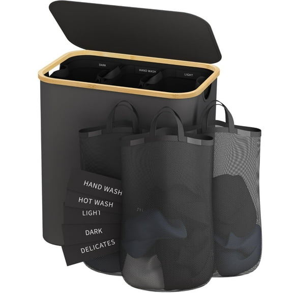 Bathola Laundry Hamper with Lid, 160L Dirty Clothes Hamper for Laundry Basket 3 Section, Extra Large Laundry Sorter Hamper 3 Compartment with Removable Inner Bags & Labels, Dark Grey