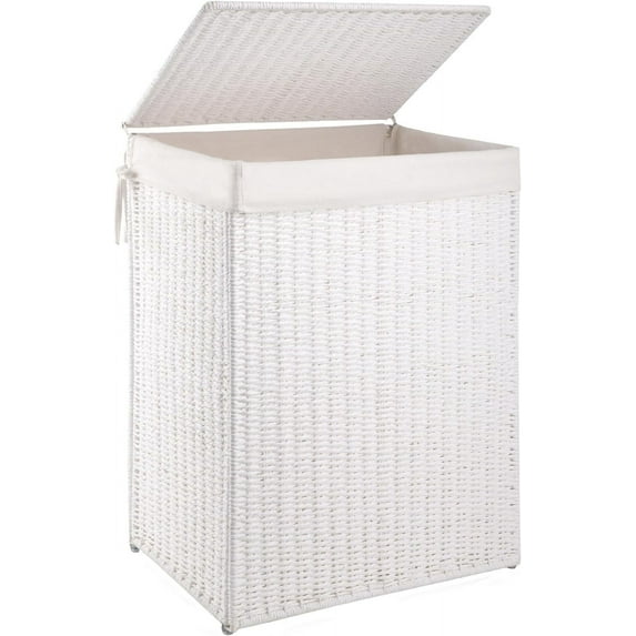 Laundry Hamper with Lid, 23.8 Gal (90L) Wicker Hamper with Removable Liner Bags, Handwoven Clothes Basket with Handles, Foldable Woven Paper Rope Basket for Laundry Room, Bedroom-White