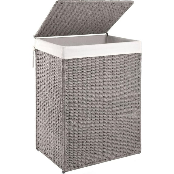 Laundry Hamper with Lid, 23.8 Gal (90L) Wicker Hamper with Removable Liner Bags, Handwoven Clothes Basket with Handles, Foldable Woven Paper Rope Basket for Laundry Room, Bedroom-Grey