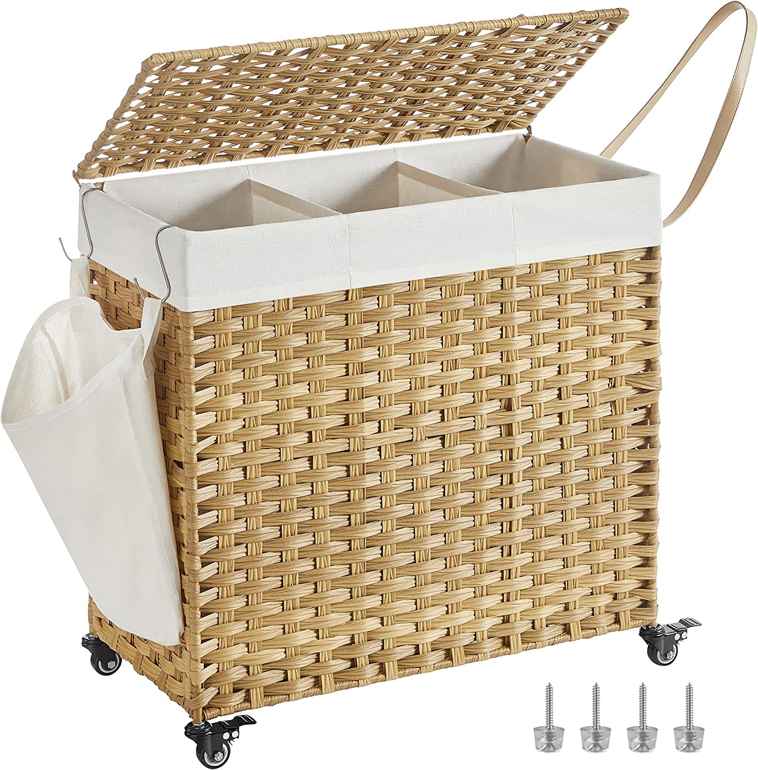 Natural Woven 3-Section Rolling Laundry Hamper with Lid