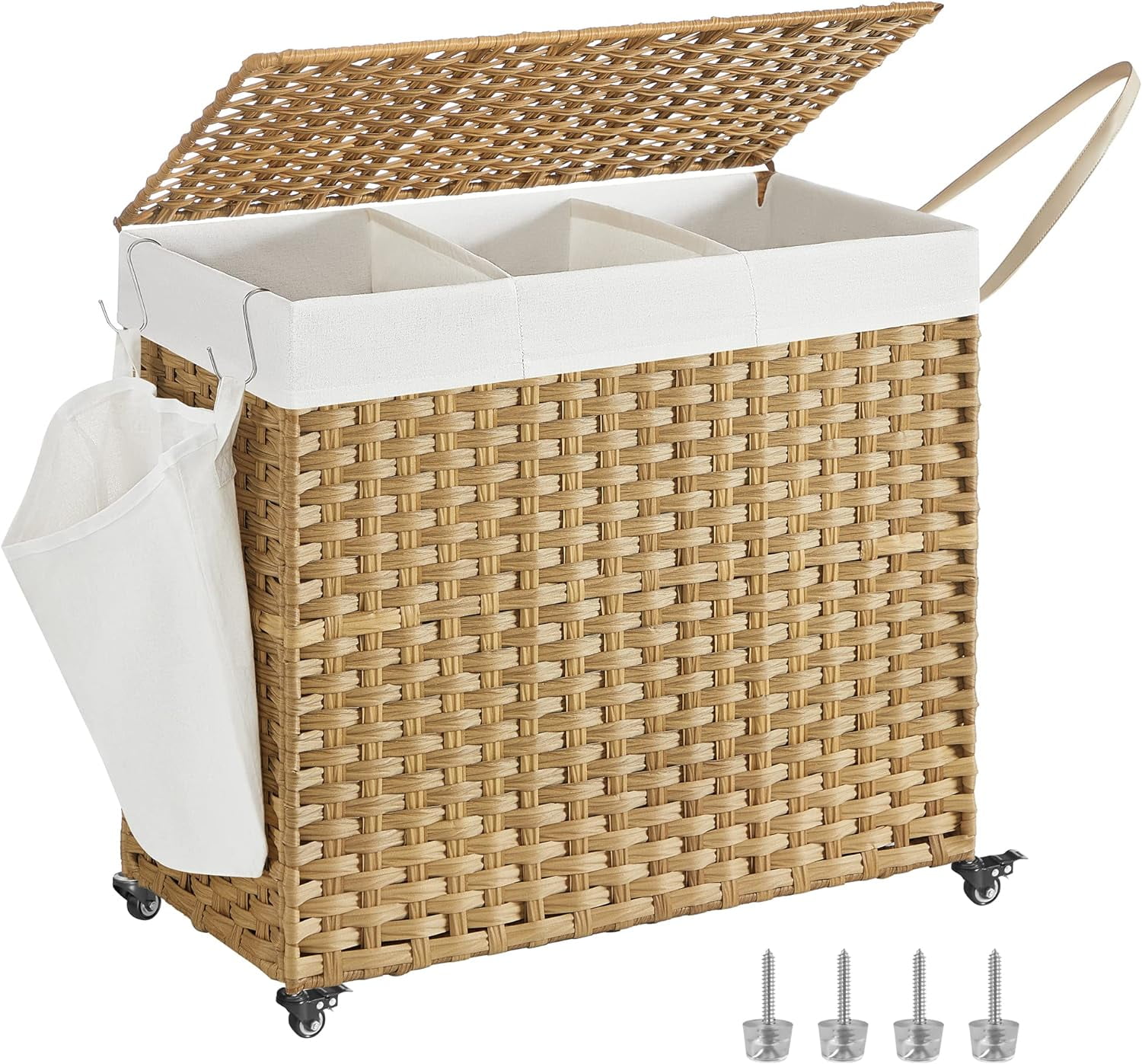 Laundry Hamper with Lid, 42.3 Gallons (160 L), Rolling Laundry Basket with Wheels, 3-Section Synthetic Rattan, Removable Liner, Bedroom, 27.6 x 14.2 x 26 Inches, Natural