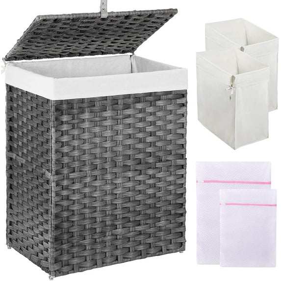 Laundry Hamper with Lid, 90L Clothes Hamper with 2 Removable Liner Bags & 2 Mesh Laundry Bags, Handwoven Synthetic Rattan Laundry Basket for Clothes, Toys in Bathroom, Bedroom Grey