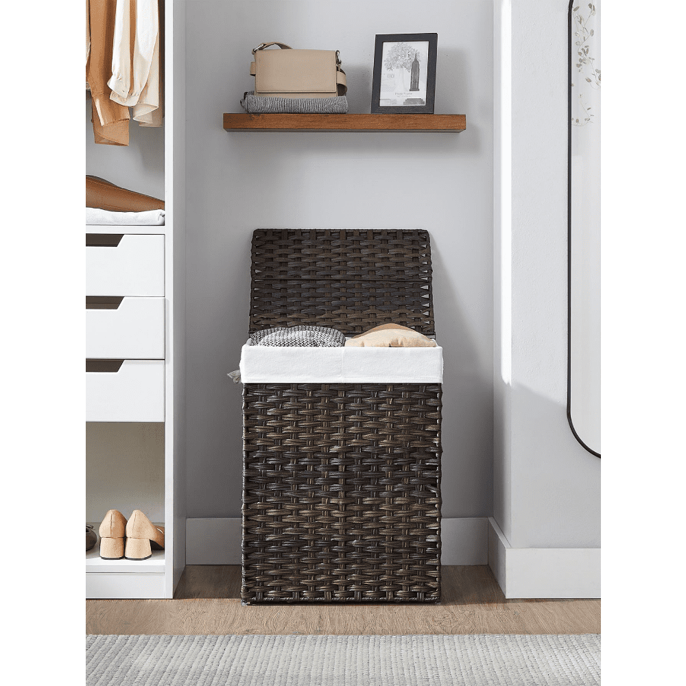 90L Laundry Hamper With Lid - Hand-Woven PP Rattan Basket, Foldable, Compartments, Removable Liners, Grey