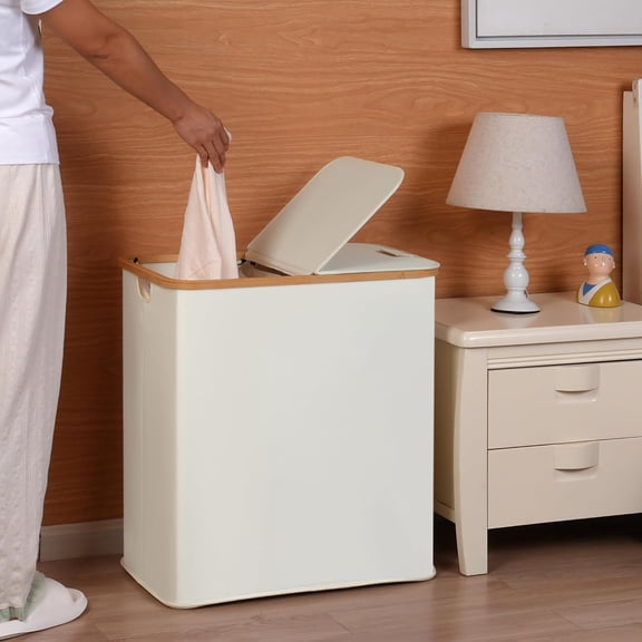 Laundry Hamper with Lid, Double Laundry Basket with 2 Removable Bags, 2 Section Laundry Bin with Bamboo Handles for Bathroom, Bedroom & Laundry Room, 140L (36.9 Gallon) Beige