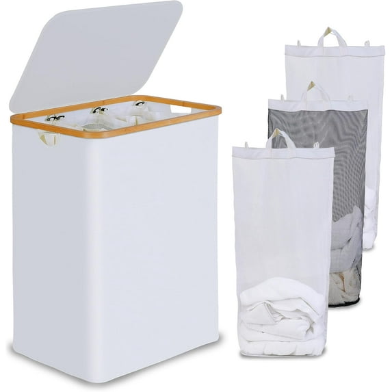 Laundry Hamper with Lid, Double Laundry Hamper with 2 Removable Bags, 2 Section Laundry Basket with Bamboo Handles for Bathroom, Bedroom & Laundry Room, 140L (36.9 Gallon) Beige