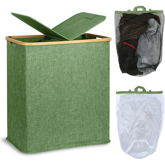 Laundry Hamper with Lid, Double Laundry Hamper with 2 Removable Bags, 2 Section Laundry Basket with Bamboo Handles for Bathroom, Bedroom & Laundry Room,140L Green