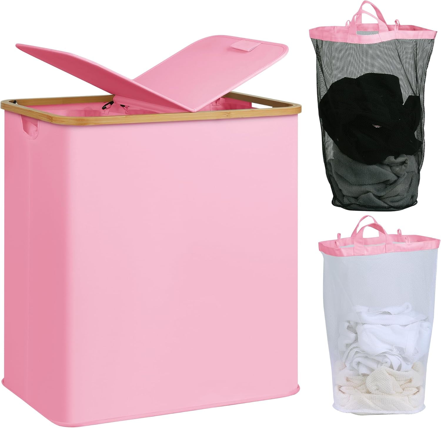 Laundry Hamper with Lid, Double Laundry Hamper with 2 Removable Bags, 2 Section Laundry Basket with Bamboo Handles for Bathroom, Bedroom & Laundry Room (Pink, 140L Dual)