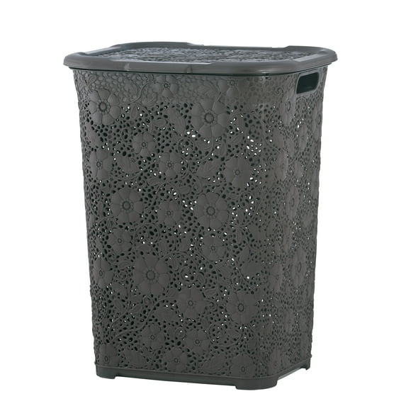 Laundry Hamper With Lid Lace Design 50 Liter - Brown Laundry Hamper Basket With Cutout Handles, Rectangular Shape Modern Style Bin - Dirty Cloths Storage. By Superio