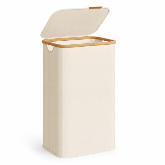 100L Laundry Hamper with Lid, Waterproof 600D Oxford Fabric Clothes Basket with Bamboo Frame, Beige