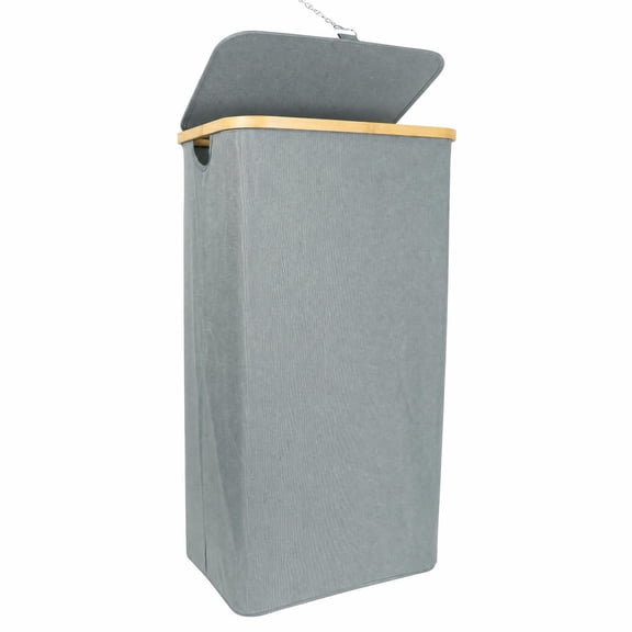 100L Laundry Hamper with Lid, Waterproof 600D Oxford Fabric Clothes Basket with Bamboo Frame, Gray