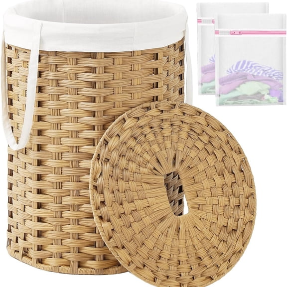 Laundry Hamper with Lid Laundry Basket with Lid 19.0 Gal (72 L) Round Wicker Laundry Basket Handwoven Rattan Hamper Removable Bag 2 Mesh Bags Handles for Living Room Bathroom Natural