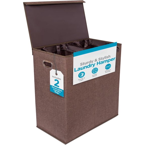 Laundry Hamper with Lid | Removable Bags for Sorting Clothes | Sectioned Laundry Basket for Bedroom & Bathroom | Collapsible Storage Bin with Cover | Double, Brown