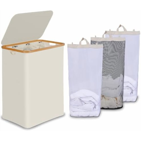 Laundry Hamper with Lid, Trio Laundry Hamper with 3 Removable Bags, 3 Section Laundry Basket with Bamboo Handles for Bathroom, Bedroom & Laundry Room, 160L Beige
