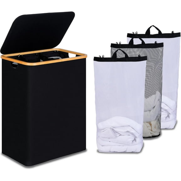 Laundry Hamper with Lid, Trio Laundry Hamper with 3 Removable Bags, 3 Section Laundry Basket with Bamboo Handles for Bathroom, Bedroom & Laundry Room, 160L Black