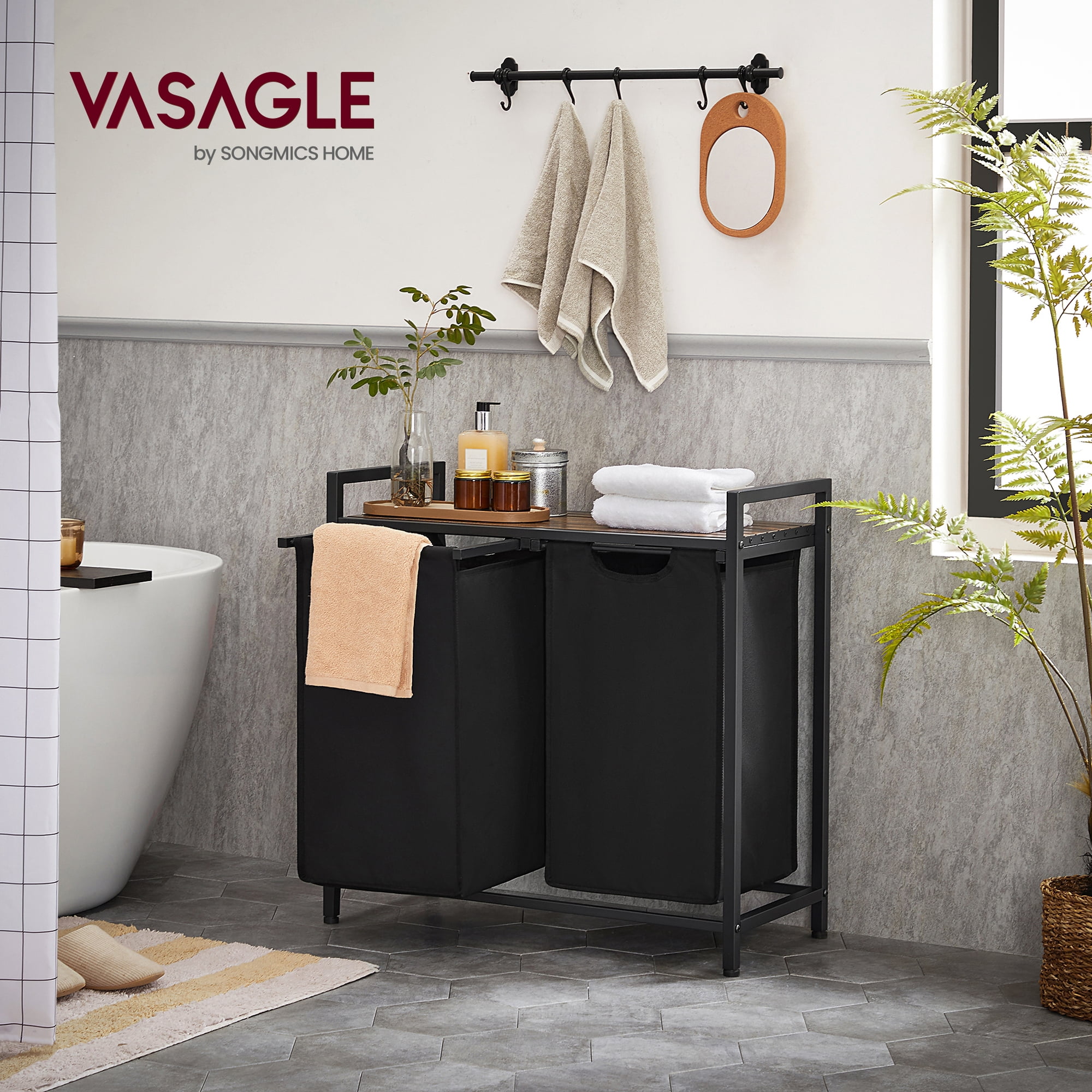 Laundry Hamper Organizer Laundry Basket Laundry Sorter with 2 Pull-Out and Removable Bags, Metal Frame, 2 x 12.1 Gallons, 28.8 x 13 x 28.4 Inches