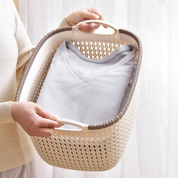 Laundry Hamper Plastic, Thickened Imitation Rattan Basket Plastic Toy Snack Storage Basket With Handle Storage Basket Dirty Clothes Basket, Bathroom Laundry Hamper(Brown, 11.7x9.3x6.6in)