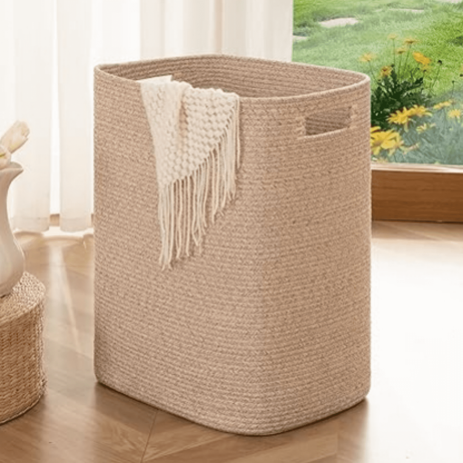 Laundry Hamper, Rectangle Cotton Laundry Basket with Handles, Large Blanket Basket for Living room, Woven Drative Storage for Toys,Clothes,Pillows-16x13x22in-Brown variegated