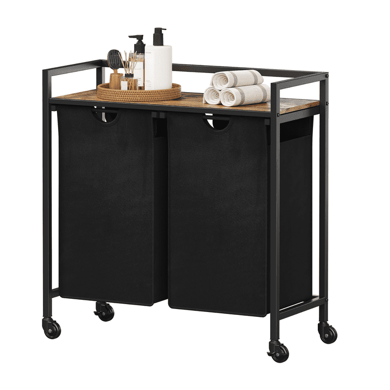 Laundry Hamper with Shelf, 2 Section Laundry Sorter with Pull-Out Removable Bags & Rolling Wheels, Metal Frame Laundry Basket Organizer for Bathroom Bedroom Laundry Room, Rustic Brown + Black