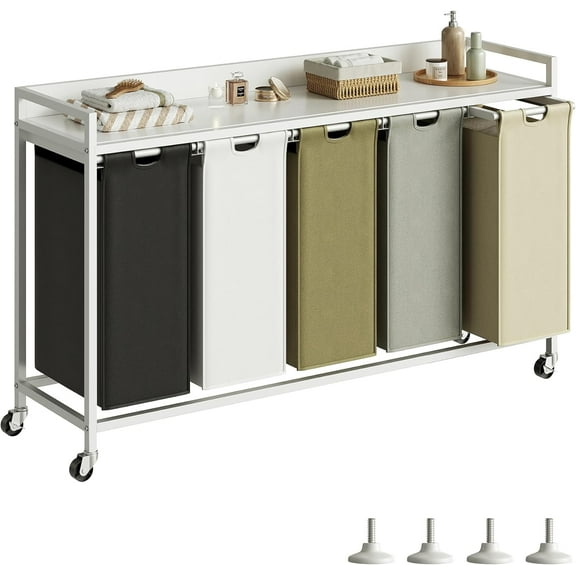 Laundry Hamper with Shelf, Laundry Basket 5 Section, Laundry Sorter with Pull-Out Removable Large 5 Color Bags and Movable Wheels, Metal Frame, 5 x 15.87 Gallons (60L), White PF08XLE