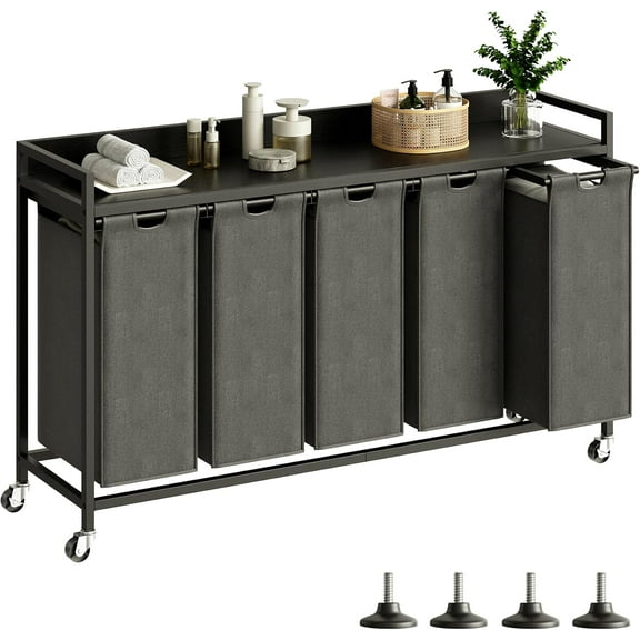 Laundry Hamper with Shelf, Laundry Basket 5 Section, Laundry Sorter with Pull-Out Removable Large Bags and Movable Wheels, Metal Frame, 5 x 15.87 Gallons (60 L), Black