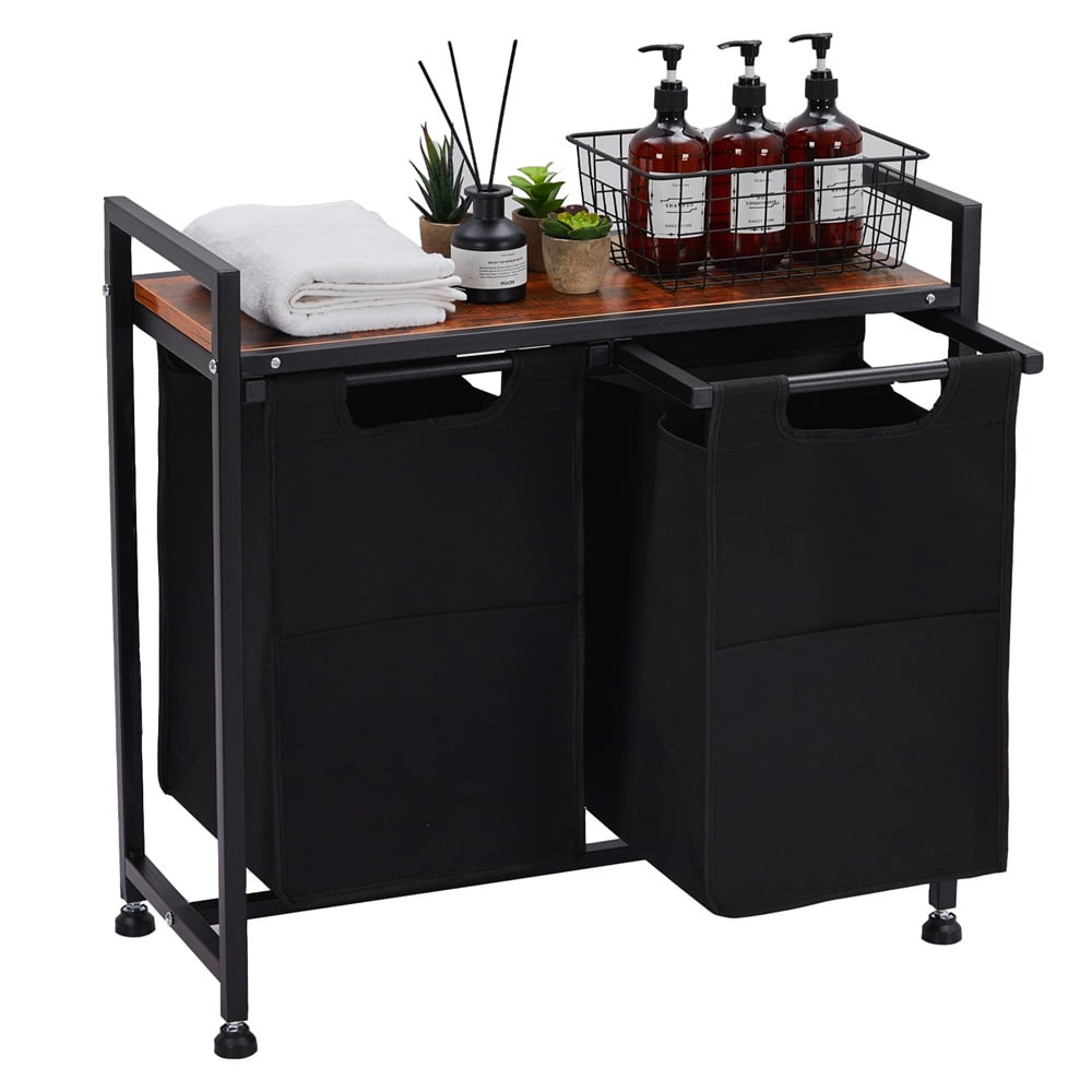Laundry Hamper with Shelf, Laundry Basket Section, Laundry Sorter, Cloest Storage and Organization, Clothes hamper with Table, for Bathroom, Bedroom, Restroom, Black