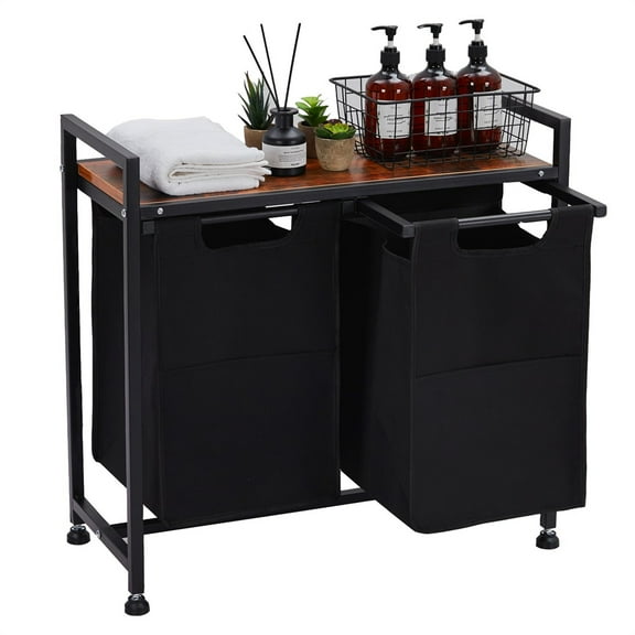 Laundry Hamper with Shelf, Laundry Basket Section, Laundry Sorter, Cloest Storage and Organization, Clothes hamper with Table, for Bathroom, Bedroom, Restroom, Black