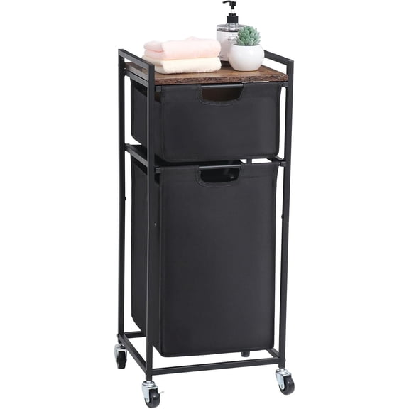 Laundry Hamper with Shelf, Laundry Sorter 2 Section with Removable Bags, Laundry Basket Cart with Table Wheels Laundry Room Storage and Organization, Dirty Clothes Hamper for Small Space