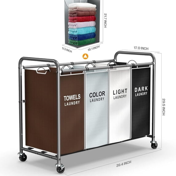 Laundry Hamper Sorter Cart: 4-Section Organizer with Heavy-Duty Lockable Wheels and Removable Bags | 172L Rolling Laundry Basket for Dirty Clothes in Laundry Room or Small Spaces (Multicolor)
