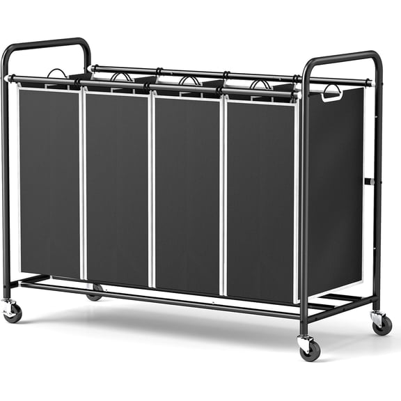 Laundry Hamper Sorter Cart: 4-Section Organizer with Heavy-Duty Lockable Wheels and Removable Bags | 172L Rolling Laundry Basket for Dirty Clothes in Laundry Room or Small Spaces (Black)